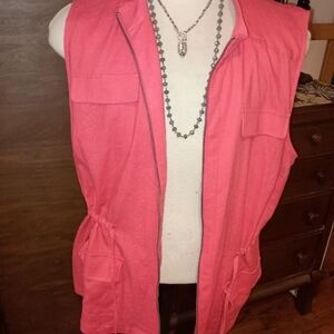 CJ Banks Linen Blend Utility Vest With 2 Front Pockets Drawstring Waist Coral 1X
